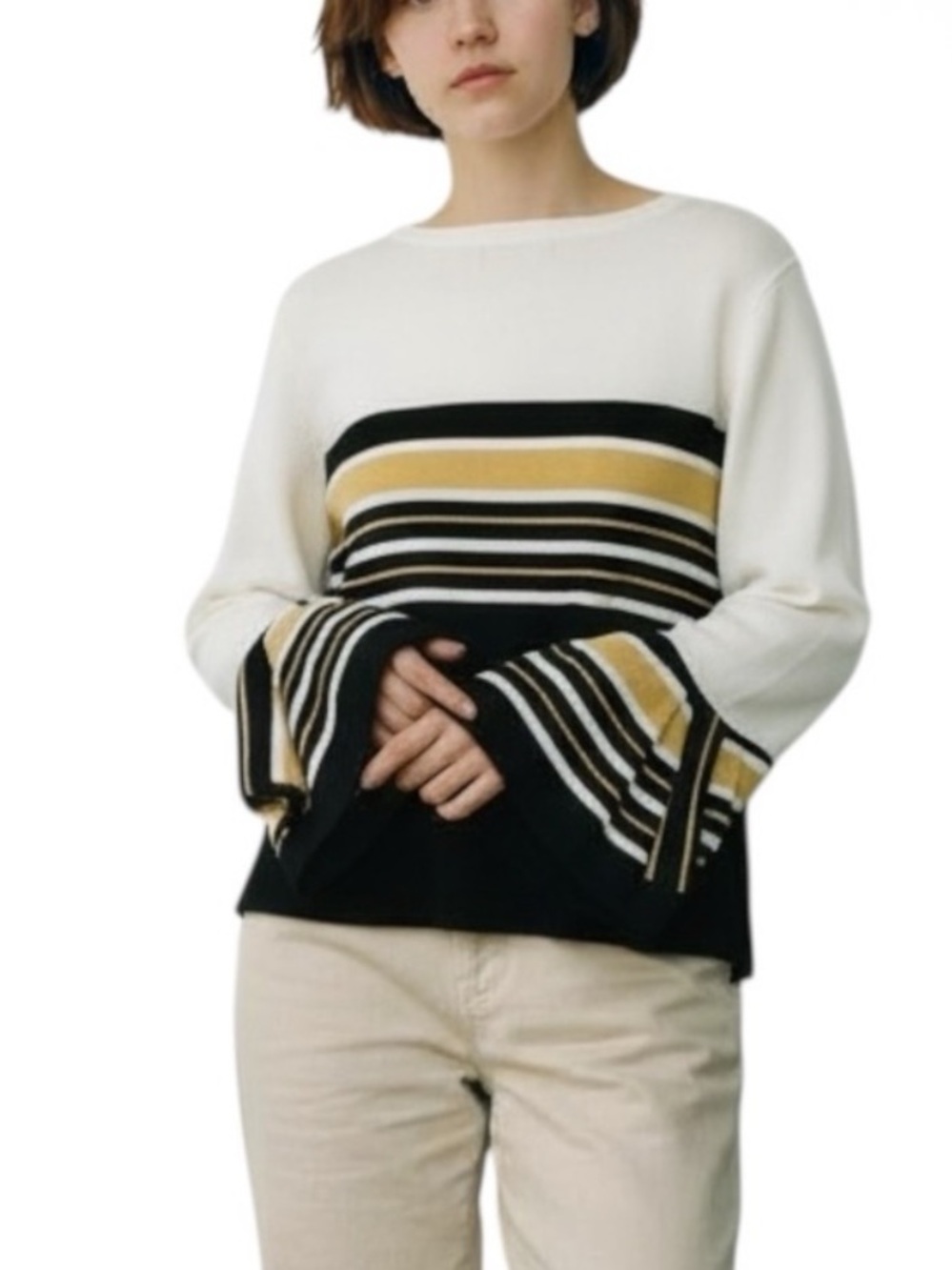 MELISSA PAIGE Striped Bell Sleeve Sweater White, Yellow and Blk PETITE Size PM - Picture 2 of 11